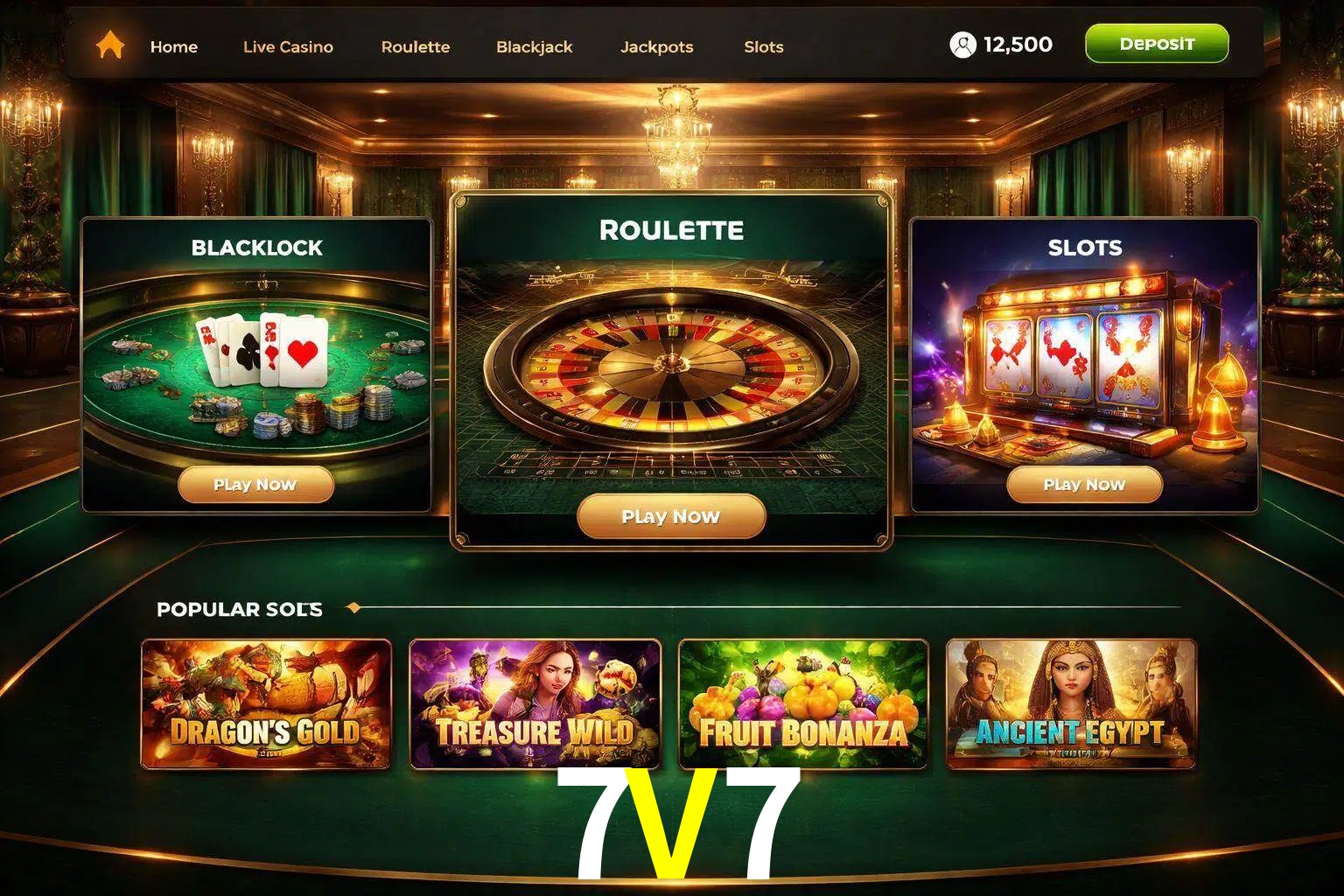 Vista de la plataforma 7V7 Casino mostrando categorías organizadas de juegos en línea